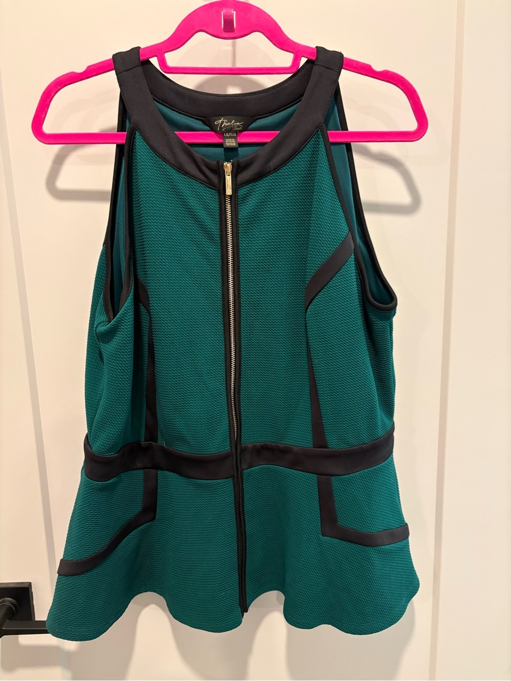 Thalia Sodi Teal and Black Zip-Front Sleeveless Peplum Top